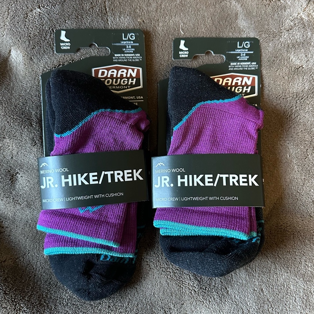 2x Darn Tough Jr Hiker Micro Crew Socks Purple/Teal/Black Sz Lg NEW
